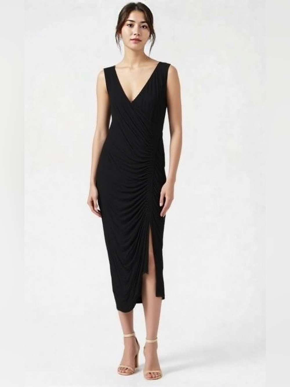 Bailey 44 Black Ruched Draped Sleeveless Jersey Maxi Dress Size Small Made in US